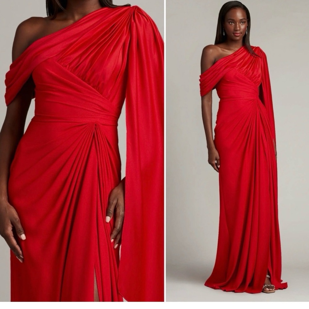 Tadashi Shoji $598 MSRP Ember One-Shoulder Draped Gown in Lava Red Size 10